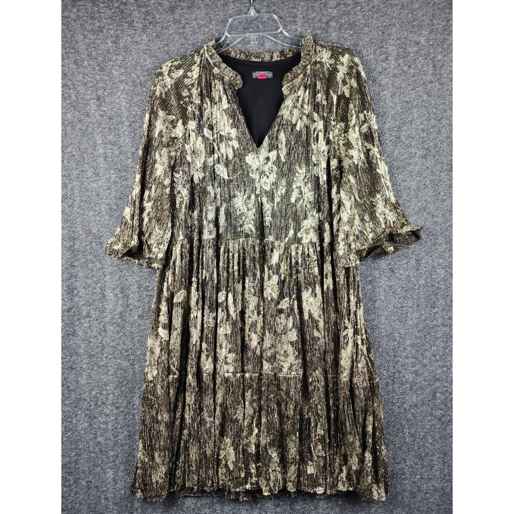 Vince Camuto Dress Womens 2X Metallic Floral Tiered Pleated Gold Black EUC